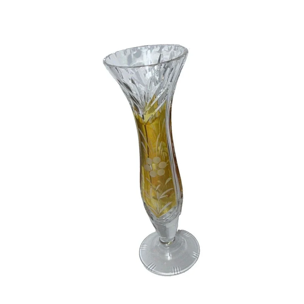 Clear & Amber Cut Glass Vase, Etched Floral Pattern, Decorative, 12 in